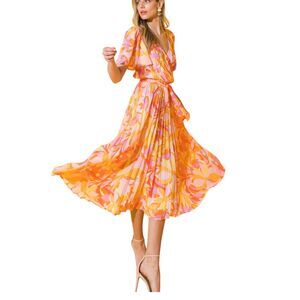 FLYING TOMATO Told You So Woven Midi Dress Orange Pink Floral Pleated Skirt Sz S
